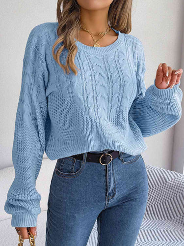 Cable-Knit Round Neck Drop Shoulder Sweater - Rags 2 Riches Shop