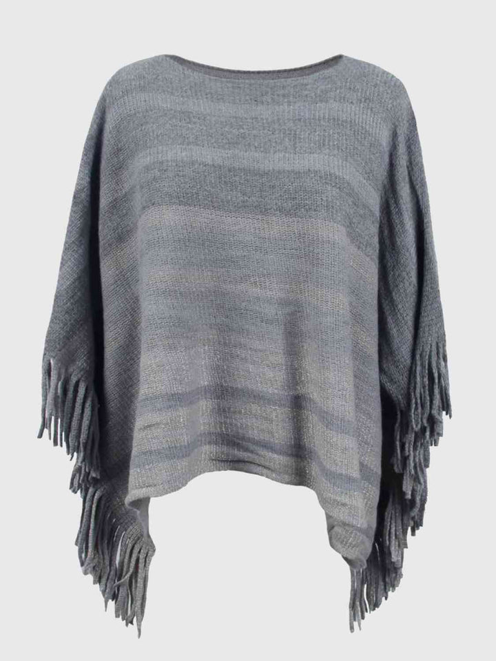 Striped Boat Neck Poncho with Fringes