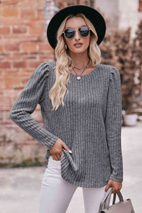 Double Take Round Neck Puff Sleeve Ribbed Top