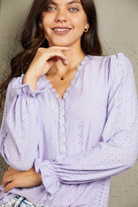 Double Take Eyelet V-Neck Flounce Sleeve Blouse