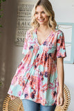 Heimish Full Size Floral V-Neck Short Sleeve Babydoll Blouse