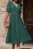 V-Neck Button Up Balloon Sleeve Midi Dress