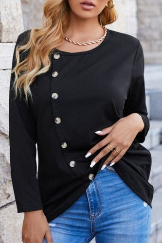 Decorative Button Round Neck Long Sleeve T-Shirt