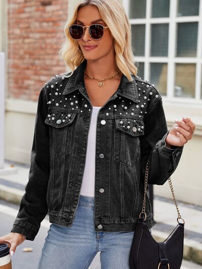 Pearl Detail Collared Neck Long Sleeve Denim Jacket