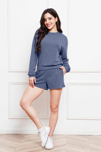 Round Neck Long Sleeve Top and Shorts Set