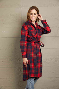 Double Take Plaid Belted Button Down Longline Shirt Jacket